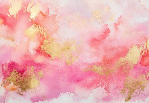 Abstract spring pink background. Pink and gold watercolor pattern. High resolution background for text and your design. There is blank place for text. Pink gold white color . Pastel colors style