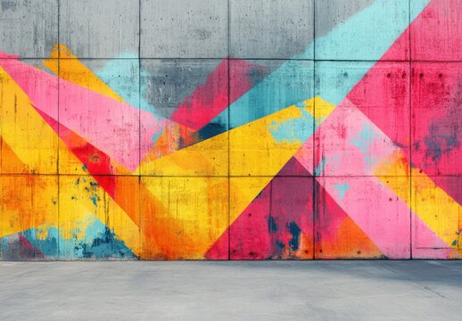 Abstract street wall art displaying a vibrant graffiti pattern with pink, yellow, red, orange, and blue colors on a concrete wall background with copy space image.