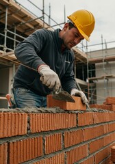 A close-up of a worker&rsquo;s hands carefully aligning bricks with mortar.
