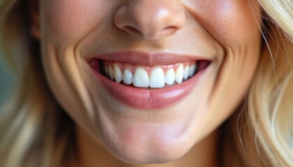 Fototapeta premium Close-up of healthy woman smile showing perfect dental treatment results in local clinic. Happy person teeth whitening, oral care, fresh clean appearance, success, wellness, rejuvenation.