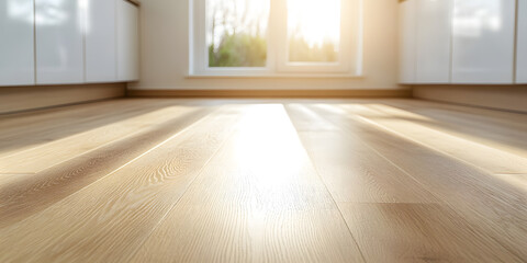Obraz premium Bright, newly installed, hardwood floor reflecting sunlight, viewed from a low angle. Light wooden cabinets, and window are visible in the background.