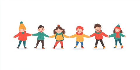 cute children, boys and girls, holding hands in the middle of their bodies against a white background A group or class of happy kids playing together Generative AI