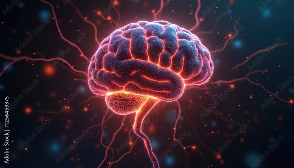 Poster Illustration of brain with neuron impulses thinking process. 3D render nerve cell anatomy brain nerve neural system. Human nervous network science biology medicine neurology head abstract concept.