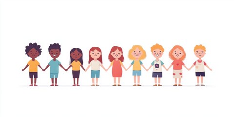 Fototapeta premium Children of different races and ethnicities hold hands, standing in line together on a white background with simple lines, in a colorful cartoon style Generative AI