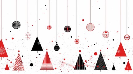 Abstract Christmas trees and ornaments set on a white background with bold red and black splashes. A fresh take on holiday decor with modern artistic flair. AI generated.