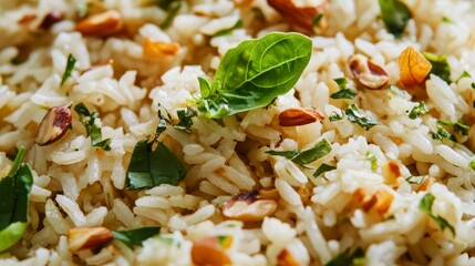 Close-up of a rice pilaf with herbs and nuts. Featuring a flavorful rice dish with garnishes. Emphasizing a versatile and elegant meal. Ideal for pilaf recipes and gourmet side dishes.