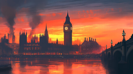 Fototapeta premium London skyline: big ben and houses of parliament at sunset. Golden Hour Cyberpunk. Illustration