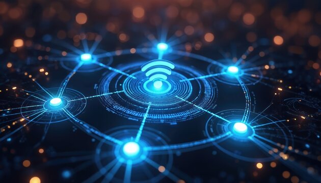 Illustration of digital connectivity with wifi symbol surrounded by network nodes. Wireless communication tech design security, data protection, information access, modern infrastructure. Encryption