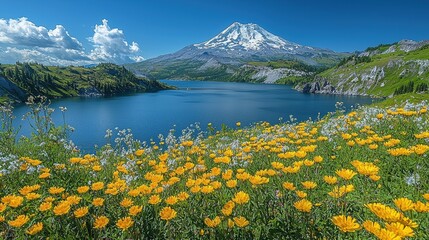 Scenic view of a mountain with a lake and vibrant flowers in the foreground.