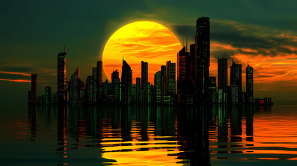 Sunset cybercity skyline, futuristic cityscape, neon lights, digital art, night city, sci-fi, glowing buildings, urban fantasy, cyberpunk, evening city. Golden Hour Cyberpunk. Illustration