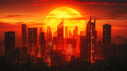 Sunset cybercity skyline, futuristic cityscape, neon lights, digital art, night city, sci-fi, glowing buildings, urban fantasy, cyberpunk, evening city. Golden Hour Cyberpunk. Illustration