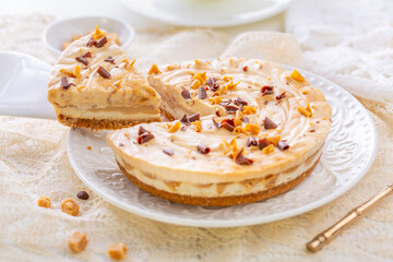Saltet caramel cheesecake with cup of tea