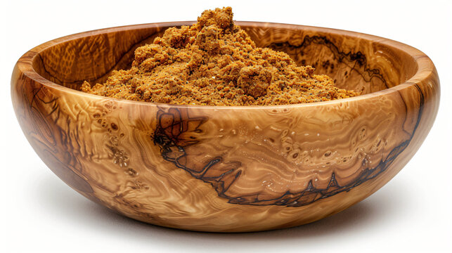 Ground cumin presented in a simple wooden bowl, its earthy brown tones clearly visible on the bright white background.