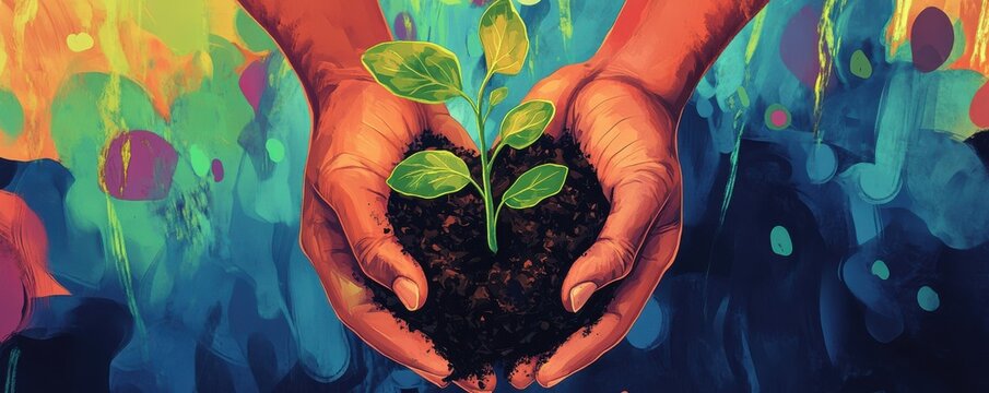 Hands nurturing seedling on colorful background