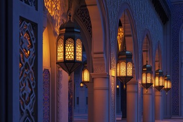 Obraz premium Elegant Lanterns Illuminating Historic Arches Creating A Tranquil Atmosphere For Eid Mubarak Celebration With Background Wallpaper Perfect For Ramadan Kareem Events