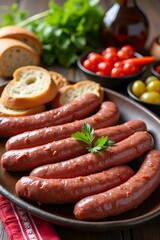 Grilled sausages with fresh vegetables and bread on rustic wooden table, Kebapche