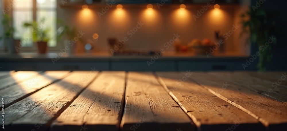 Poster rustic wooden table in dark kitchen with soft light bokeh. empty wood countertop background for food