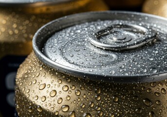 A condensation-dripping beer can, emphasizing coldness and refreshment.
