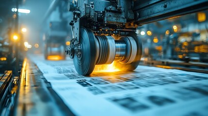 Fototapeta premium An illustration of a bustling print production line, highlighting machinery in action with vibrant lights, showcasing the precision of the printing process in motion.