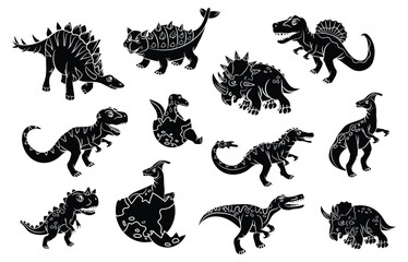 Set of different dinosaur silhouettes. Isolated flat vector template for laser cut illustrations