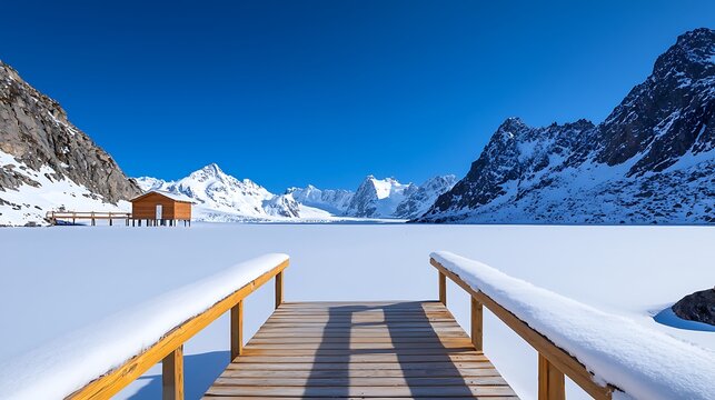 Snowy Mountain Lake With Wooden Pier And Cabin