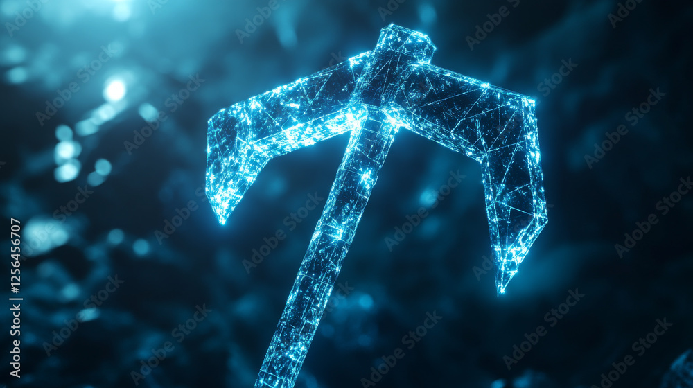 Poster hologram pickaxe. a pickaxe of polygons, triangles of points and lines. pickaxe icon is a low-poly c