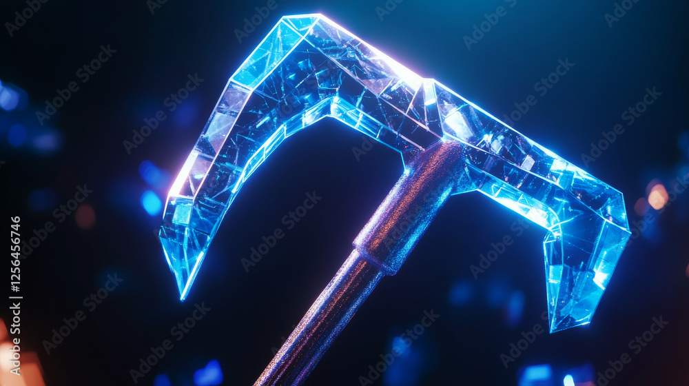 Poster hologram pickaxe. a pickaxe of polygons, triangles of points and lines. pickaxe icon is a low-poly c