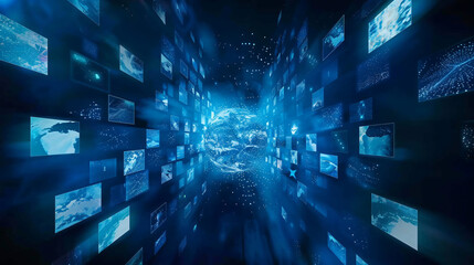 multimedia technology concept of a abstract glowing digital multimedia Displaying screens speed floating, a Network of earth globe social media concept, Multimedia Entertainment concept