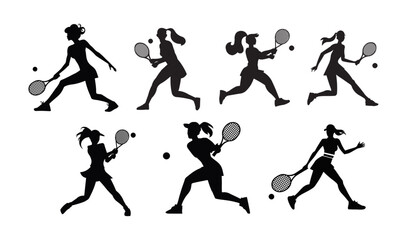 Obraz premium Set of woman silhouettes hitting a tennis ball with a racket.