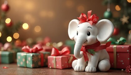 Cute white elephant figurine adorned with red bow, ribbon and gifts, conveys festive Christmas spirit. Joyful cartoon animal on table symbolizes giving, holiday celebration, New Year gifts.