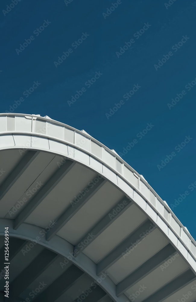 Poster minimalist curved modern architecture. white metal structure with geometric lines against blue sky. 