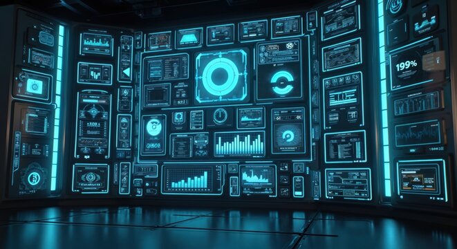 Futuristic frames composed of cyberpunk HUD square screens with digital high tech interface panels. Hologram tech screens include custom attention interfaces for games, GUIs, UXs.