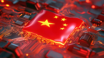 China Flag Integrated into a High-Tech Circuit Board, Symbolizing Chinese Technology, AI, and Semiconductor Industry