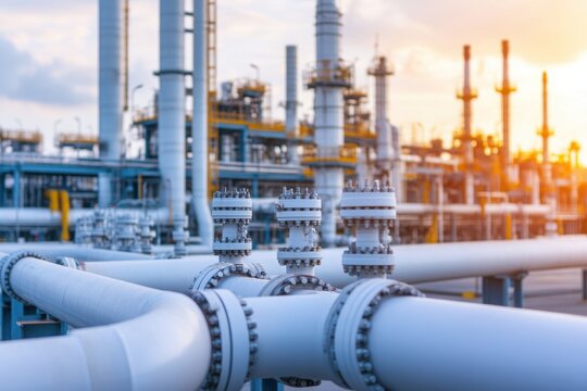 Detailed view of industrial pipeline systems in a gas processing facility with sunset lighting.