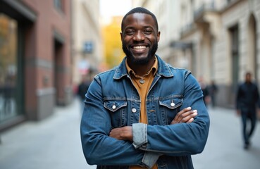 Fototapeta premium Happy mature black man smiles in city street portrait. African American model weared blue denim jacket with arms crossed. 40s aged man looking at camera shows confidence.