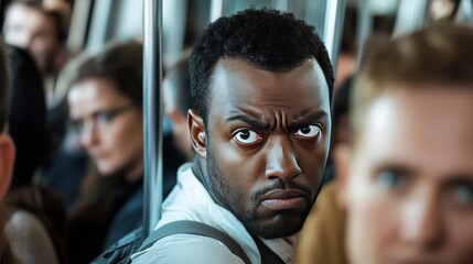 Annoyed commuter on a crowded train. Featuring standing room only