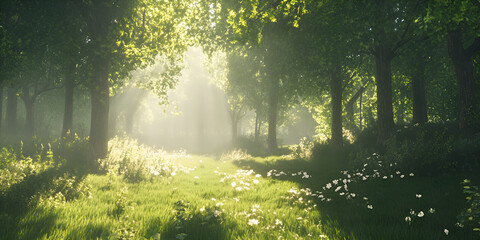 Obraz premium Forest Glade with Soft Sunlight and a Serene Atmosphere