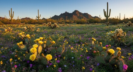 Wild cactus flowers adding a burst of color to the golden desert dunes.
