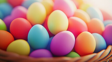   A wooden table holds two baskets of colorful eggs