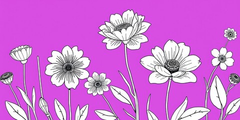 Florid Tapestry: Black Line Art Blooms on Purple