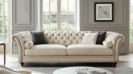 Elegant off-white button-tufted sofa in a bright living room.