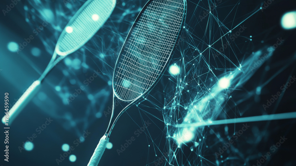 Poster hologram of badminton. racket and shuttlecock made of polygons, triangles of points and lines. badmi