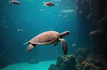 Obraz premium Sea turtle swims in blue ocean surrounded by fish. Marine animal underwater in tropical environment. Protection of endangered species. Diving, freediving at sea resorts, environmental theme, marine