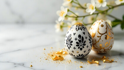 Obraz premium Luxurious Easter Banner, Black & White Eggs with Golden Accents in Spotlight, Festive eggs with copy-space, Easter post card with eggs, created with generative ai