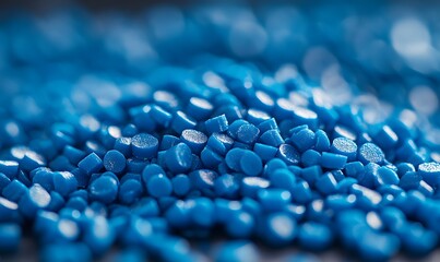 Close up view of many blue plastic polymer pellets used in manufacturing process