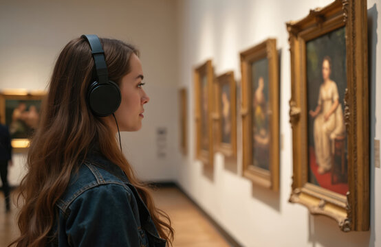 Young caucasian woman with headphones contemplates paintings in art gallery. Student visits arts exhibition, listens audio guide. Concept of culture education, art appreciation. Museum visit,