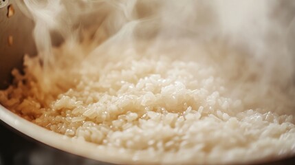 Close-up of rice being stirred in a large pot. Featuring a mix of grains and steam. Emphasizing the cooking process and texture. Ideal for cooking tutorials and food preparation guides.