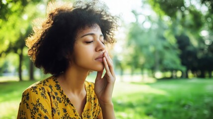 Curly-haired woman sneezing in a park, struggling with hay fever symptoms