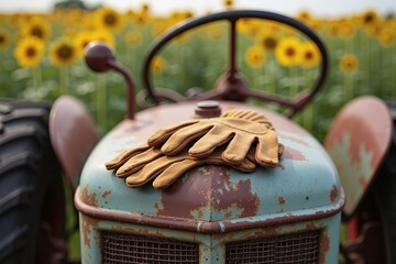 Old tractor with weathered leather work gloves and sunflower field background