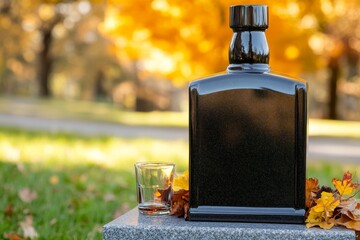 Bottle of liquor is on a grave marker with a glass of liquor next to it